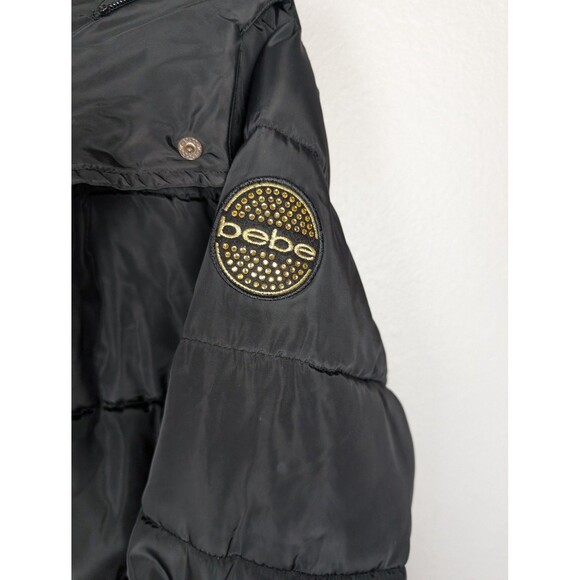 bebe Jacket Womens Medium Black Puffer Hooded Quilted Snap Zip Logo Patch Coat - Picture 6 of 11